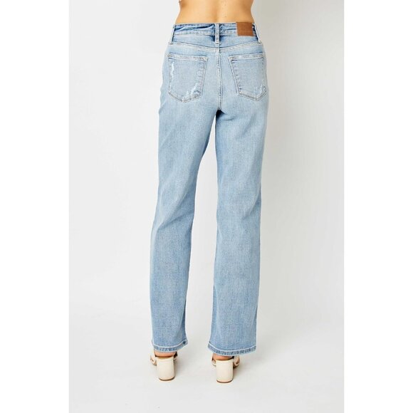 Women's High Waisted Straight Leg Jeans Cotton Blend Rips Flattering Fit - Picture 3 of 6